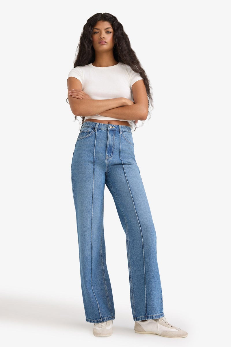 DeFacto Blue Woman 90's Wide Leg High Waist Straight Leg Jeans Casual - Image 4